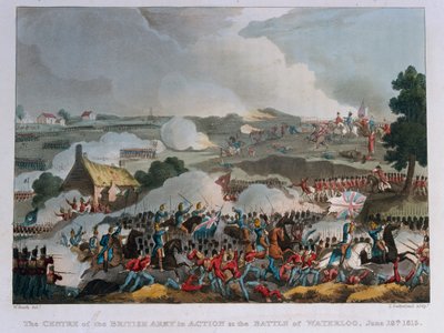 O centro do exército britânico em ação na Batalha de Waterloo, 1815 (aquatint) de William Heath