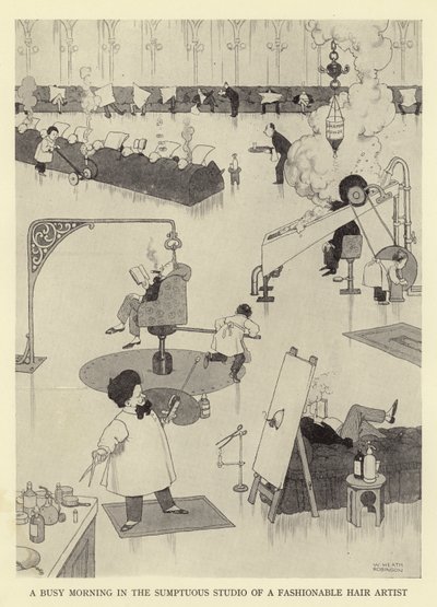 Uma manhã movimentada no sumptuoso estúdio de um cabeleireiro da moda de William Heath Robinson