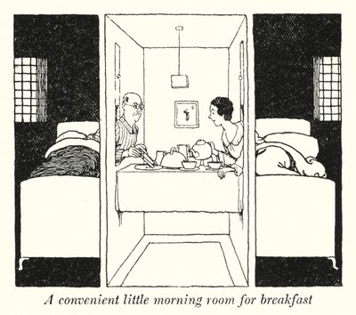Um pequeno e conveniente quarto matinal para o pequeno-almoço (litho) de William Heath Robinson