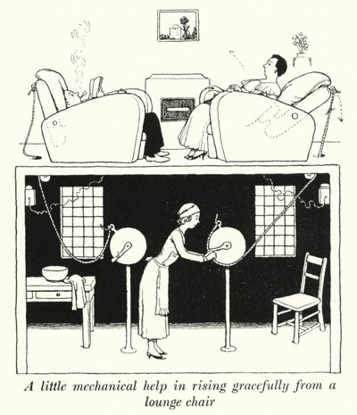 Uma pequena ajuda mecânica para se levantar graciosamente de uma cadeira de descanso (litho) de William Heath Robinson