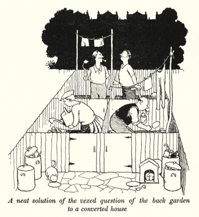 Uma solução limpa da questão controversa do jardim dos fundos para uma casa convertida (litho) de William Heath Robinson