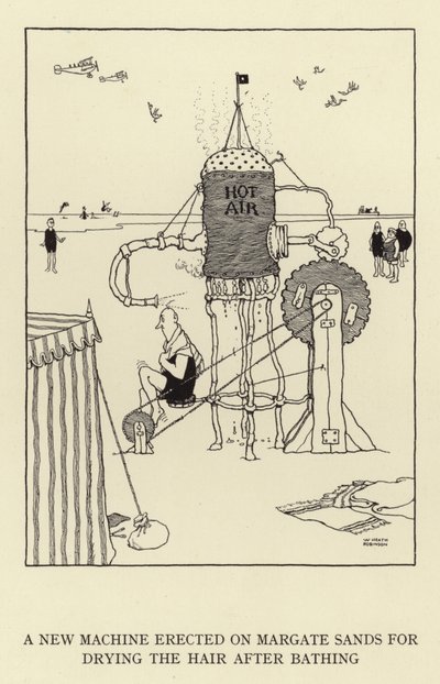 Uma nova máquina erguida em Margate Sands para secar o cabelo depois do banho de William Heath Robinson