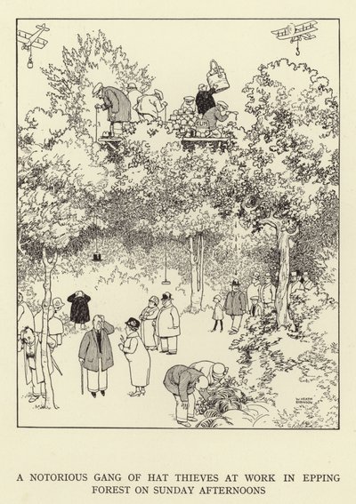 Uma notória gangue de ladrões de chapéu trabalhando em Epping Forest nas tardes de domingo de William Heath Robinson