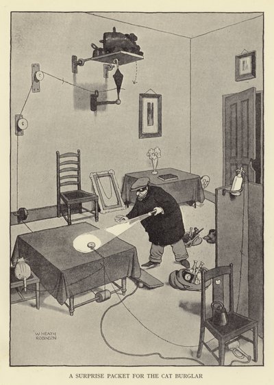 Um pacote surpresa para o ladrão de gatos de William Heath Robinson