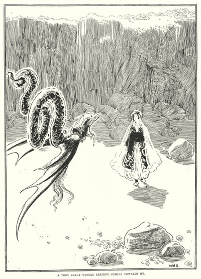 Uma serpente alada muito grande a vir na minha direcção (gravura) de William Heath Robinson