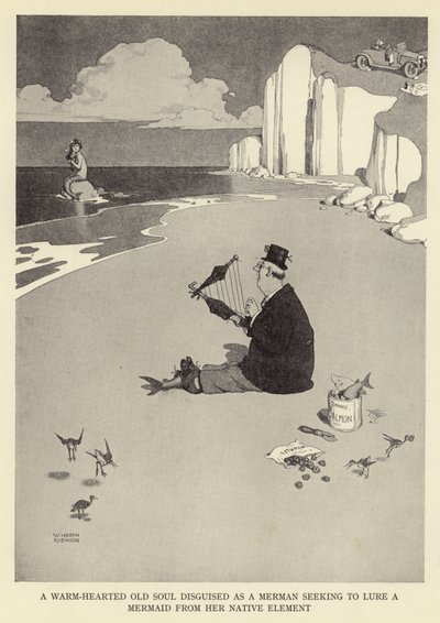 Uma alma velha de coração caloroso disfarçada como um tritão que busca atrair uma sereia de seu elemento nativo de William Heath Robinson