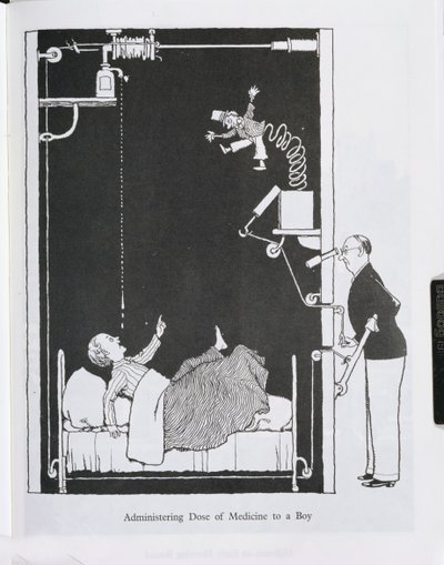 Administrando Dose de Medicina a um Menino, ilustração de &39;Invenções&39; de William Heath Robinson