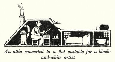 Um sótão convertido num apartamento adequado para um artista a preto e branco (litho) de William Heath Robinson