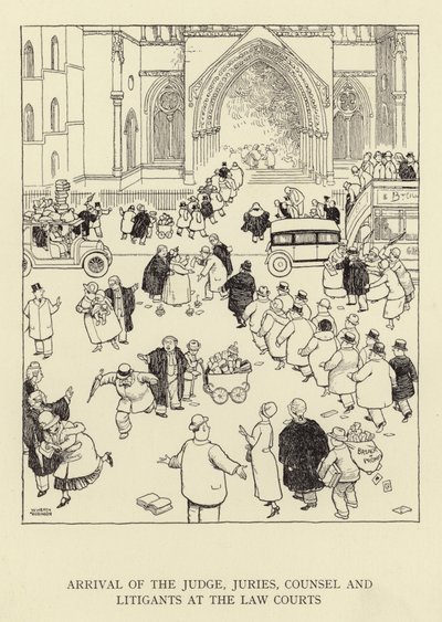 Chegada do juiz, júris, advogado e litigantes nos tribunais de justiça de William Heath Robinson