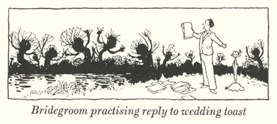 Noivo praticando resposta ao brinde de casamento (litho) de William Heath Robinson