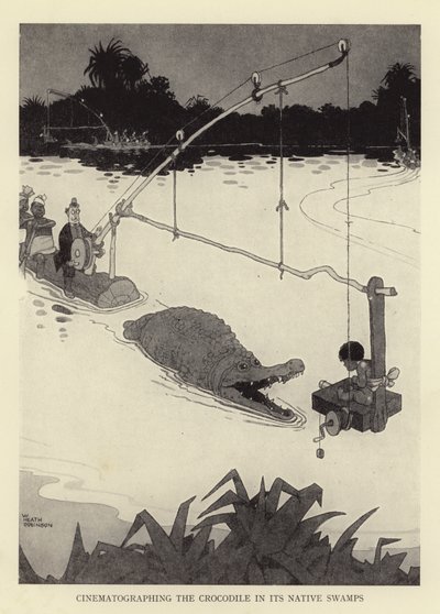 Cinematografando o crocodilo em seus pântanos nativos de William Heath Robinson