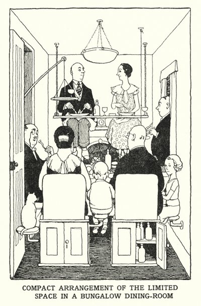 Arranjo compacto do espaço limitado de uma sala de jantar de Bungalow (litho) de William Heath Robinson