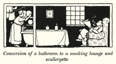Conversão de uma casa de banho para uma sala de fumadores e uma escadaria (litho) de William Heath Robinson