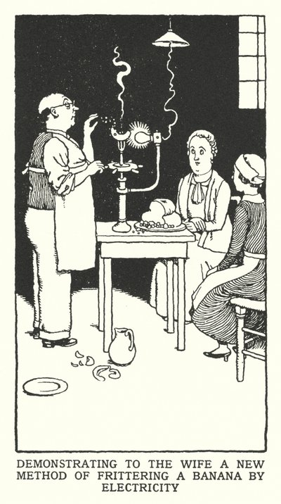 Demonstrando à Esposa um Novo Método de Fritar uma Banana pela Electricidade (litho) de William Heath Robinson
