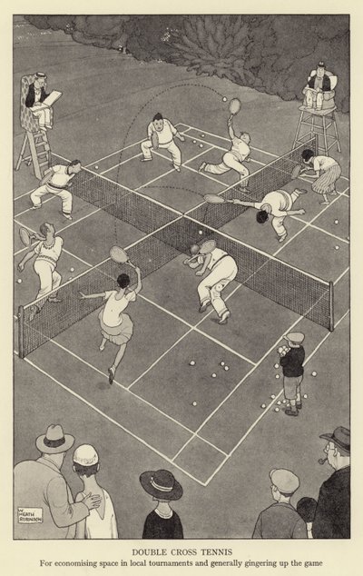 Ténis de cruz dupla, para economizar espaço em torneios locais e, geralmente, aumentar o jogo de William Heath Robinson