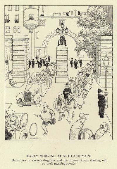De madrugada na Scotland Yard, detectives em vários disfarces e o Flying Squad começando suas rondas matinais de William Heath Robinson