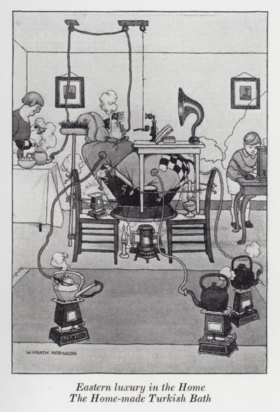 O luxo oriental em casa, O banho turco caseiro (litho) de William Heath Robinson