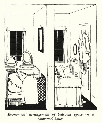 Arranjo económico do espaço do quarto numa casa convertida (litho) de William Heath Robinson