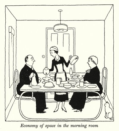 Economia de espaço na sala da manhã (litho) de William Heath Robinson