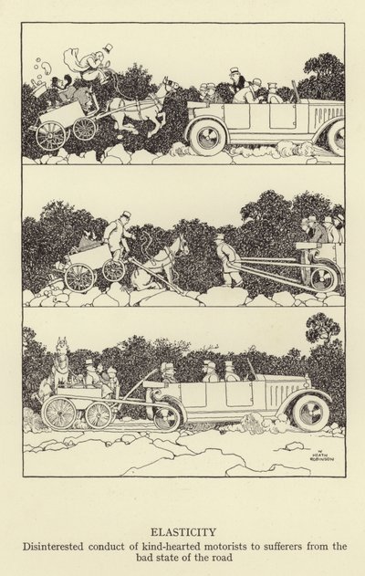Elasticidade, conduta desinteressada de motoristas de bom coração para quem sofre do mau estado da estrada de William Heath Robinson