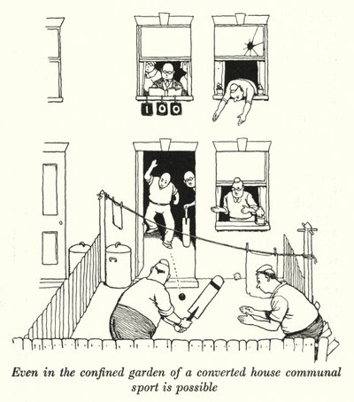 Mesmo no jardim confinado de uma casa convertida é possível o desporto comunitário (litho) de William Heath Robinson