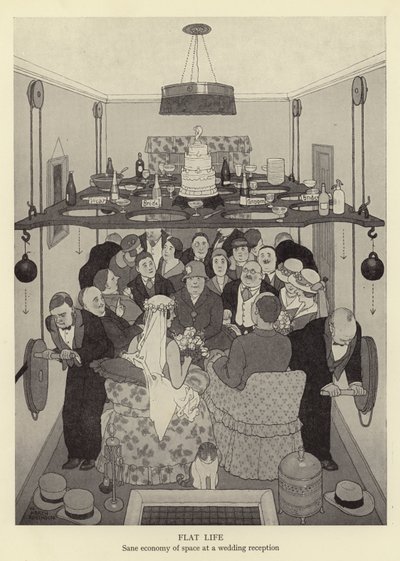 Vida plana, economia sã do espaço em uma recepção de casamento de William Heath Robinson