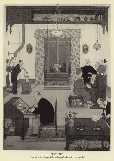 Vida plana, como, finalmente, é possível manter galinhas no topo plana de William Heath Robinson