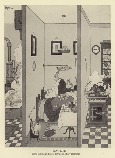 Vida plana, alguns engenhosos dispositivos para uso em manhãs frias de William Heath Robinson