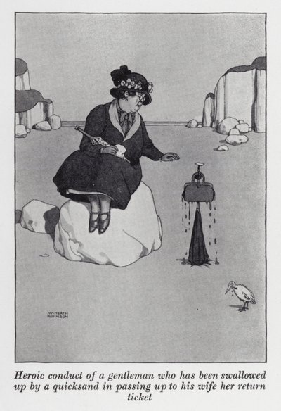 Conduta heróica de um cavalheiro que foi engolido por uma areia movediça ao passar para a sua esposa o seu bilhete de regresso (litho) de William Heath Robinson