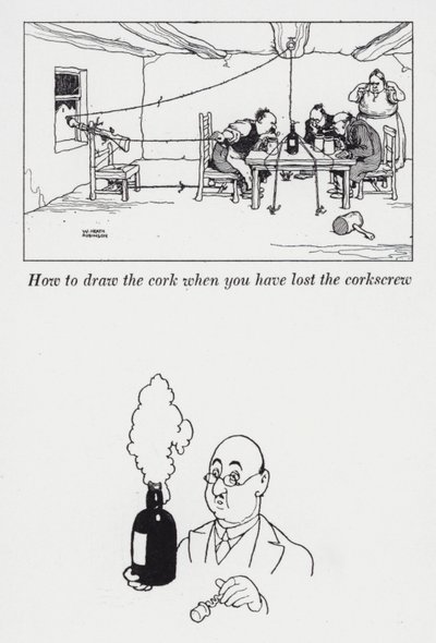 Como tirar a rolha quando se perdeu o saca-rolhas (litho) de William Heath Robinson