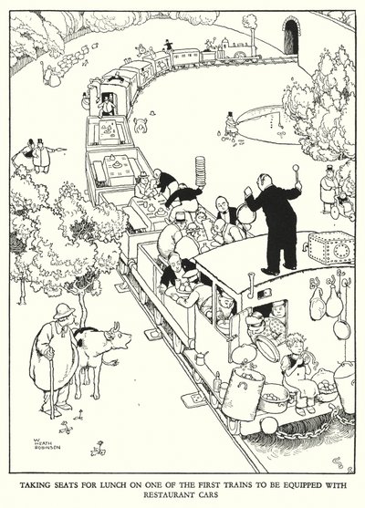 Ilustração para a Ribaldry Ferroviária de W Heath Robinson (litho) de William Heath Robinson