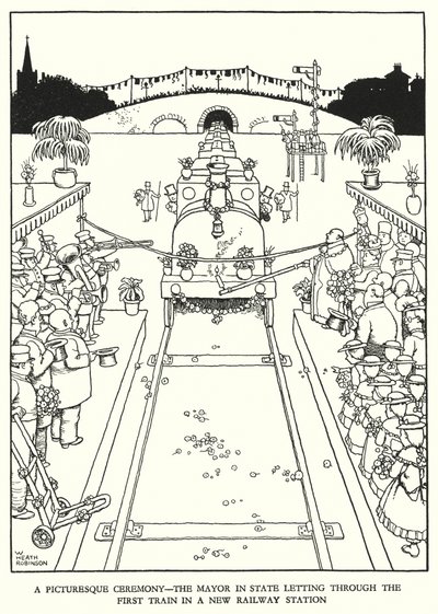 Ilustração para a Ribaldry Ferroviária de W Heath Robinson (litho) de William Heath Robinson