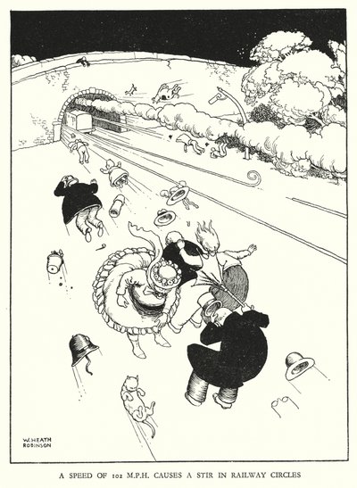 Ilustração para a Ribaldry Ferroviária de W Heath Robinson (litho) de William Heath Robinson