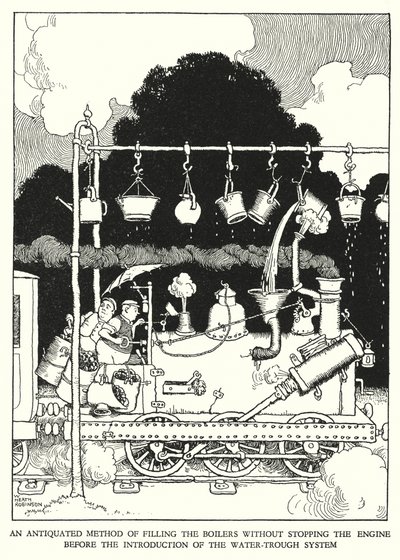 Ilustração para a Ribaldry Ferroviária de W Heath Robinson (litho) de William Heath Robinson