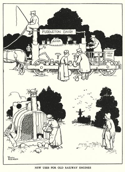 Ilustração para a Ribaldry Ferroviária de W Heath Robinson (litho) de William Heath Robinson