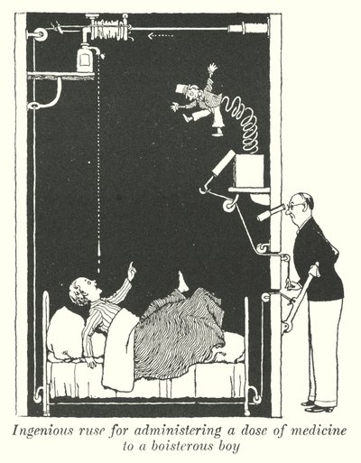 Engenhoso estratagema para administrar uma dose de medicamento a um rapaz turbulento (litho) de William Heath Robinson