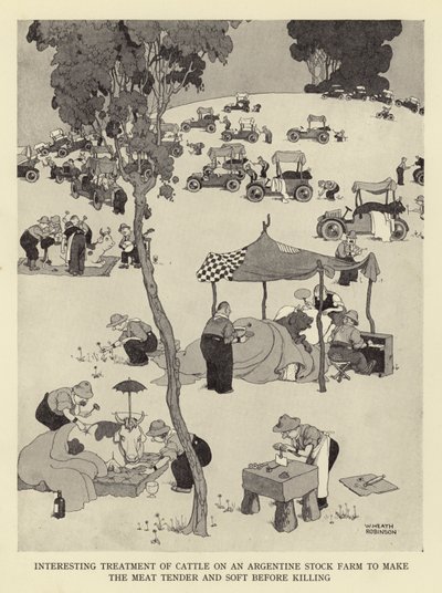 Tratamento interessante de gado em uma fazenda de gado argentino para tornar a carne tenra e macia antes de matar de William Heath Robinson