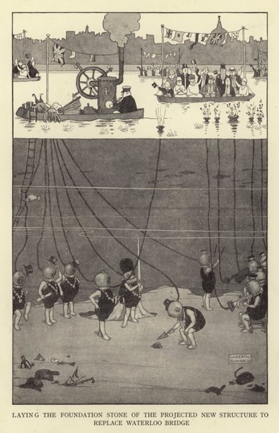Colocando a pedra fundamental da nova estrutura projetada para substituir a ponte de Waterloo de William Heath Robinson