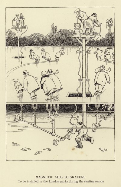 Auxílios magnéticos para patinadores, a serem instalados nos parques de Londres durante a temporada de patinação de William Heath Robinson