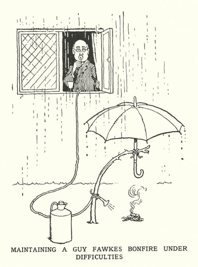 Mantendo um Guy Fawkes Bonfire Sob Dificuldades (litho) de William Heath Robinson