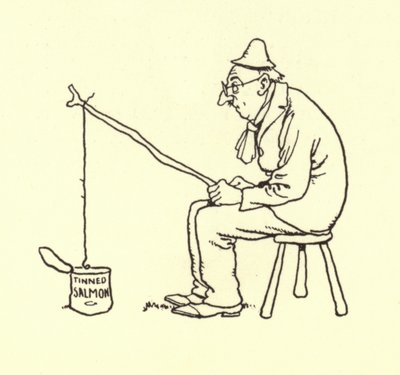 Homem, pesca, estanhado, salmão de William Heath Robinson