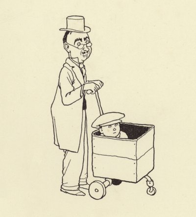 Homem, empurrar, menino, em, um, caixa de William Heath Robinson