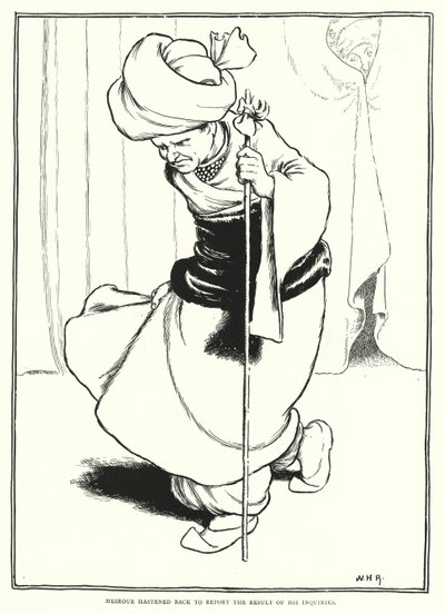 Mesrour apressou-se a reportar o resultado das suas investigações (gravura) de William Heath Robinson