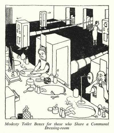 Caixas Sanitárias Modestas para aqueles que partilham um Vestiário Comunitário (litho) de William Heath Robinson