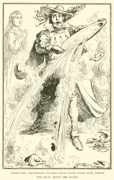 Petruchio, fingindo criticar todos os pratos, jogou a carne no chão. de William Heath Robinson