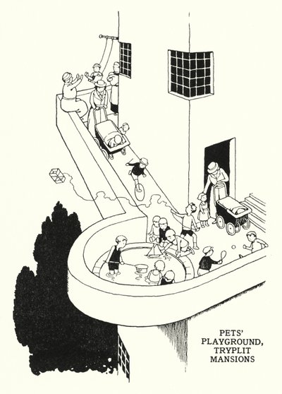 Parque infantil para animais de estimação, Mansões Tryplit (litho) de William Heath Robinson