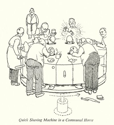 Máquina de barbear rápida em uma casa comunitária (litho) de William Heath Robinson