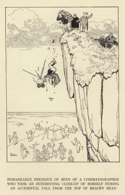 Impressionante presença de espírito de um diretor de fotografia que tirou um interessante close-up de si mesmo durante uma queda acidental do topo de Beachy Head de William Heath Robinson