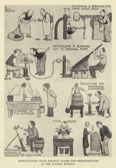Ressuscitando scones ferroviários obsoletos para redistribuição nos buffets da estação de William Heath Robinson