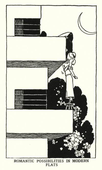 Possibilidades Românticas em Apartamentos Modernos (litho) de William Heath Robinson